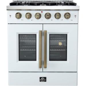 imageFORNO Galiano 30quot French Door Gas Range 432 cuft Convection Oven  5 Sealed Burners HeavyDuty Cast Iron Grates  White Finish with Antique Brass Accents Interior Oven Light  FFSGS644430WHT