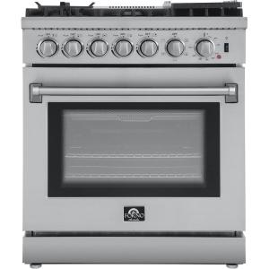 imageFORNO Lazio Dual Fuel 30 Inch Gas Range Electric Oven Freestanding 5 Sealed Burners 69500 BTU StoveTop Output Electric Oven Includes Air Fryer and Griddle