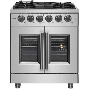 imageForno Capriasca Dual Fuel 30quot Inch Freestanding French Door Range 5 Burners Cooktop and 432 CuFt Electric Convection Oven  Stainless Steel Stove Range Heavy Duty Cast Iron Grates