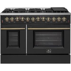 imageForno Galiano 48Inch Dual Fuel Range in Black with Antique Brass Accents  8 Sealed Burners 107000 BTU Integrated Griddle 658 cuft Double Convection Ovens