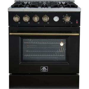 imageForno Marco 30 Inch Gas Range with Antique Brass Accents 4 Sealed Burners 37000 BTU Large 432 cuft Convection Oven with Temperature Gauge Professional Freestanding Kitchen Stove  Black