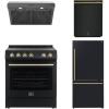 imageFORNO Premium 4Piece Kitchen Bundle  Leonardo Espresso 30quot Black Electric Range 30quot Hood 31quot Bottom Freezer Fridge 24quot Dishwasher with Antique Brass ampamp Stainless Handles  FBDL00602US