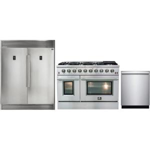 imageFORNO 3 Pcs Stainless Steel Kitchen Package with 60quot W Dual Refrigerator 276 Cu Ft 48quot All Gas Double Oven Freestanding Gas Range 24quot BuiltIn Dishwasher with 6 Wash Cycles