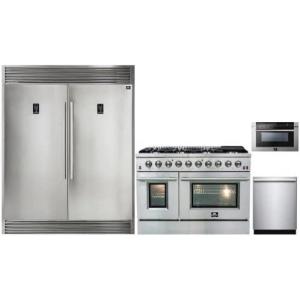 imageFORNO 4 PCS Stainless Steel Kitchen Package with 60quot W Dual Refrigerator 276CuFt 48quot Freestanding Gas Range 24quot BuiltIn Dishwasher and 24quot Microwave Drawer Convection Oven