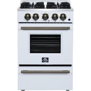 imageFORNO Breno 24quot Freestanding Gas Range 23 cuft Oven  4 Sealed Burners with Cast Iron Grates BuiltIn Storage Drawer Air Fryer Kit  White Finish with Antique Brass Accents  FFSGS627224WHT