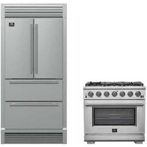 imageFORNO Premium 2Piece Kitchen Bundle  Galiano 48quot Stainless Steel Range Forno Moena 36quot French Door 192 cu ft Stainless Steel Refrigerator with Decorative Grill  40quot Wide  FBDL01903CAUS