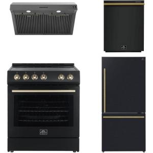 imageFORNO Premium 4Piece Kitchen Bundle  Leonardo Espresso 30quot Black Electric Range 30quot Hood 31quot Bottom Freezer Fridge 24quot Dishwasher with Antique Brass ampamp Stainless Handles  FBDL00602US