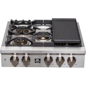 imageFORNO Spezia 30quot Inch DropIn Range Top with 5 Sealed Dual Brass Burners  Stainless Steel Stove Top Heavy Duty Continuous Cast Iron Grates with Autoignition Griddle WokRing and LP conversion