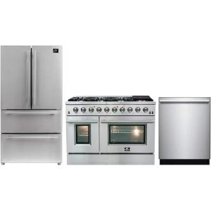 imageForno 3 Pcs Stainless Steel Kitchen Package with 48quot Galiano All Gas Double Oven Freestanding Gas Range 36quot W Refrigerator and Freezer 192 CuFt 24quot BuiltIn Dishwasher with 6 Wash Cycles
