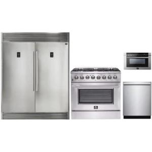 imageForno 4 PCS Stainless Steel Kitchen Package with 60quot W Dual Refrigerator 276CuFt 36quot Freestanding Dual Fuel Range 24quot BuiltIn Dishwasher and 24quot Microwave Drawer Convection Oven