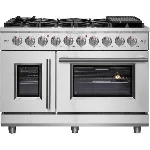 imageForno 48inch French Door Gas Range with 1 Sealed DualRing Brass Burner 20K BTU  432 CuFt Convection Fan Oven 30000 BTU  Modern Design Kitchen Range with Air Fryer Basket Rack ampamp Drip Pan