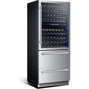 imageForno Capraia 30quot 144 Wine Bottles Slim Dual Zone Wine Cooler  212 cu ft Wine Cooler with 2 Refrigerator Drawer  Touch control Wine Fridge with LED Light and 7 Black Metal Wine Racks