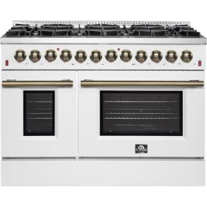 imageForno Galiano 48Inch Dual Fuel Range in White with Antique Brass Accents  8 Sealed Burners 107000 BTU Integrated Griddle 658 cuft Double Convection Ovens