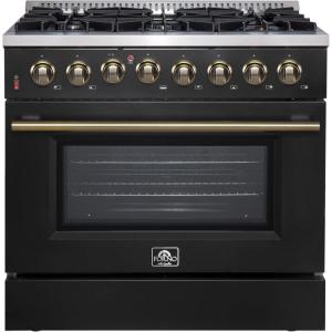 imageForno Galiano 36Inch Dual Fuel Range in Black  6 Sealed Burners 83000 BTU 536 cuft True Convection Oven  Elegant Brass Handles ampamp Knobs Electric Oven Gas Cooktop  FFSGS615636BLK