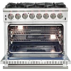 imageFORNO Capriasca Dual Fuel 36quot Inch Freestanding Range 6 Sealed Brass Burners Cooktop and 536 Cu Ft Electric Convection Oven  Stainless Steel Stove Range Heavy Duty Cast Iron Grates