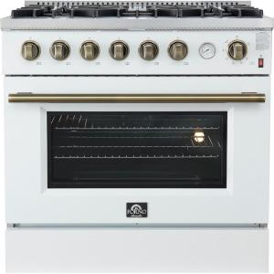 imageForno Marco 36 Inch Gas Range with Antique Brass Accents 6 Sealed Burners 67000 BTU Large 536 cuft Convection Oven with Temperature Gauge Professional Freestanding Kitchen Stove  White