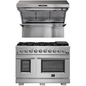 imageFORNO Galiano Full Gas 48 Inch Freestanding Range 658 CuFt Double Convection Oven Stainless Steel ampamp Savona 48quot Wall Mount Range Hood ampamp Back Splash 1200 CFM 4 Speeds Kitchen Stove Vent