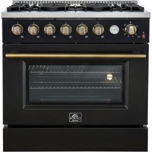 imageForno Marco 36 Inch Gas Range with Antique Brass Accents 6 Sealed Burners 67000 BTU Large 536 cuft Convection Oven with Temperature Gauge Professional Freestanding Kitchen Stove  Black
