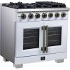 imageForno Capriasca 36Inch Freestanding French Door Gas Range with 6 Sealed Burners  Convection Oven with Antique Brass Handle amp Knobs  Professional Style Cooking Range  White