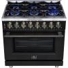 imageForno Massimo 36Inch Freestanding Dual Fuel Range with Antique Brass Trim Handles amp Knobs 6 Sealed Burners 536 cu ft True Convection Oven HeavyDuty Cast Iron Grates LP Convertible  Black
