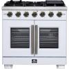 imageForno Capriasca 36Inch Freestanding French Door Gas Range with 6 Sealed Burners  Convection Oven with Antique Brass Handle amp Knobs  Professional Style Cooking Range  White