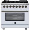 imageForno Massimo 36Inch Freestanding Dual Fuel Range with Antique Brass Trim Handles amp Knobs 6 Sealed Burners 536 cu ft True Convection Oven HeavyDuty Cast Iron Grates LP Convertible  White