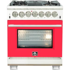 imageFORNO Capriasca 30Inch Dual Fuel Freestanding Range 5 Sealed Brass Burners Cooktop 432 cuft Electric Convection Oven  Red Stainless Steel  HeavyDuty Cast Iron Grates  FFSGS618730RED