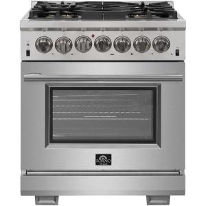 imageFORNO Capriasca Dual Fuel 30 Inch Freestanding Range 5 Sealed Brass Burners Cooktop and 432 Cu Ft Electric Convection Oven  Stainless Steel Stove Range Heavy Duty Cast Iron Grates