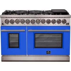 imageFORNO Capriasca Dual Fuel 48Inch Freestanding Range 8 Sealed Brass Burners Cooktop  658 Cu Ft Double Convection Electric Oven  Stainless Steel Stove Range Heavy Duty Cast Iron Grates Blue