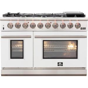 imageFORNO Capriasca Full Gas 48 Freestanding Range with 8 Sealed Burners Cooktop  658 cu ft Double Gas Convection Oven Capacity Stainless Steel Heavy Duty Cast Iron Grates White Door  FFSGS626048WHT