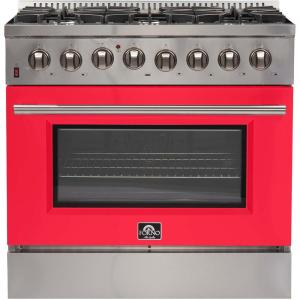 imageFORNO Galiano 36 Dual Fuel Freestanding Range 6 Sealed Brass Burners Cooktop 536 Cu Ft Convection Electric Oven Stainless Steel Stove with Red Oven Door Panel and HeavyDuty Cast Iron Grates
