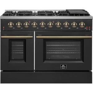 imageFORNO Galiano 48 Gas Range 658 cuft Convection Oven  8 Sealed Burners DualRing 20000 BTU Burner Cast Iron Grates Griddle  Black with Antique Brass Accents  FFSGS624448BLK