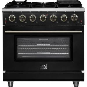 imageFORNO Massimo 36Inch Freestanding Gas Range with Antique Brass Accents amp 6 Sealed Burners 83000 BTU  536 cuft Convection Oven with Air Fryer Kit amp Reversible Griddle  Black
