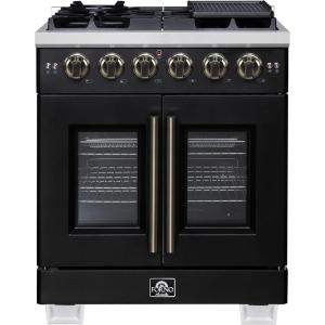 imageForno Capriasca 30Inch Freestanding French Door Gas Range with 4 Sealed Burners  Convection Oven with Antique Brass Handle amp Knobs  Professional Stainless Steel Kitchen Stove  Black