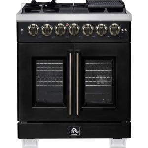 imageForno Capriasca 30Inch French Door Dual Fuel Range with Antique Brass Accents amp 5 Sealed DualRing Brass  432 cuft True Convection Oven with Rotisserie Kit amp LP Conversion Kit  Black