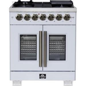 imageForno Capriasca 30Inch French Door Dual Fuel Range with Antique Brass Accents amp 5 Sealed DualRing Brass  432 cuft True Convection Oven with Rotisserie Kit amp LP Conversion Kit  White