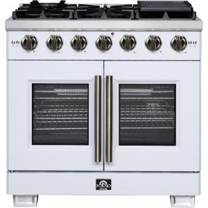 imageForno Capriasca 36Inch Freestanding French Door Gas Range with 6 Sealed Burners  Convection Oven with Antique Brass Handle amp Knobs  Professional Style Cooking Range  White