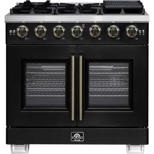 imageForno Capriasca 36Inch Freestanding French Door Gas Range with 6 Sealed Burners  Convection Oven with Antique Brass Handle amp Knobs  Professional Style Cooking Range  Black