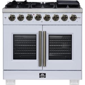 imageForno Capriasca 36Inch French Door Dual Fuel Range with Antique Brass Accents amp 6 Sealed DualRing Brass Burners  536 cuft True Convection Oven with Air Fry Kit Wok Ring amp Rotisserie Kit  White