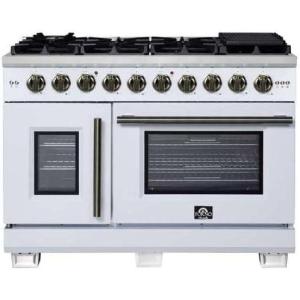 imageForno Capriasca 48Inch Freestanding French Door Gas Range with 8 Sealed Burners  Convection Oven with Antique Brass Handle amp Knobs  Luxury Professional Kitchen Stove  White
