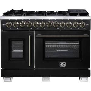 imageForno Capriasca 48Inch French Door Dual Fuel Range with Antique Brass Accents amp 8 Sealed DualRing Brass Burners  658 cuft Double True Convection Ovens wWok Ring amp Reversible Griddle  Black