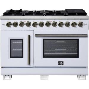 imageForno Capriasca 48Inch French Door Dual Fuel Range with Antique Brass Accents amp 8 Sealed DualRing Brass Burners  658 cuft Double True Convection Ovens wWok Ring amp Reversible Griddle  White