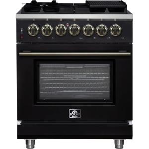 imageForno Massimo 30Inch Freestanding Dual Fuel Range with Antique Brass Trim Handle amp Knobs 4 Sealed Burners 432 cu ft Convection Oven Professional Gas Cooktop amp Electric Oven  Black