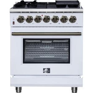 imageForno Massimo 30Inch Freestanding Dual Fuel Range with Antique Brass Trim Handle amp Knobs 4 Sealed Burners 432 cu ft Convection Oven Professional Gas Cooktop amp Electric Oven  White