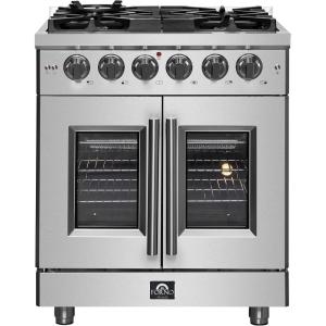 imageForno Massimo 30inch French Door Gas Range with 1 Sealed DualRing Brass Burner 432 CuFt Convection Fan Oven with 30000 BTU  Modern Design Kitchen Range with Air Fryer Basket Rack amp Drip Pan