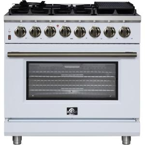 imageForno Massimo 36Inch Freestanding Dual Fuel Range with Antique Brass Trim Handles amp Knobs 6 Sealed Burners 536 cu ft True Convection Oven HeavyDuty Cast Iron Grates LP Convertible  White