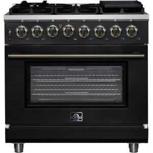 imageForno Massimo 36Inch Freestanding Dual Fuel Range with Antique Brass Trim Handles amp Knobs 6 Sealed Burners 536 cu ft True Convection Oven HeavyDuty Cast Iron Grates LP Convertible  Black