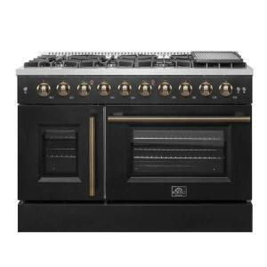 imageFORNO Galiano 48 French Door Gas Range 658 cuft Oven Capacity 8 Sealed Burners with Griddle  Black Enamel Interior HeavyDuty Cast Iron Grates Antique Brass Accents  FFSGS644448BLK