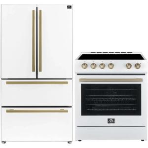imageFORNO Premium 2Piece Appliance Package  Leonardo Espresso 30Inch Electric Range  Moena 36Inch French Door Refrigerator  White with Antique Brass and Stainless Handles  FBDL00309US