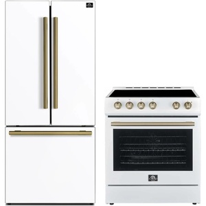 image:imageFORNO Premium 2Piece Package  Leonardo Espresso 30 Electric Range with Convection Oven  30 Gallipoli French Door Refrigerator  White with Antique Brass and Stainless Handles  FBDL00311US